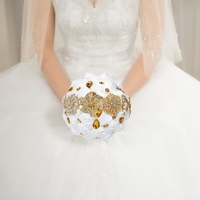 18cm Handmade Wedding Brooch Diamond Bridal Bouquet Satin Rose Flower with Rhinestone Artificial Pearls Decorated for Bride Wedding Supplies--White & Gold