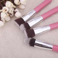 4Pcs Wood Makeup Brush Kit Professional Cosmetic Set Silver Ferrule Pink