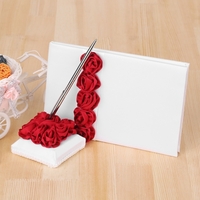 4pcs/set Wedding Supplies Red Rose Satin Flower Girl Basket + 7 * 7 inches Ring Bearer Pillow + Guest Book + Pen Holder