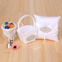 4pcs/set Wedding Supplies Satin Flower Girl Basket + 7 * 7 inches Ring Bearer Pillow + Guest Book + Pen Holder with Rhinestone Decoration