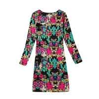 Casual Floral Print Round Neck Long Sleeve Spring Autumn Dress for Women