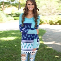Casual Long Sleeve Contrast Stripe Pocket Round Neck T-Shirt for Women