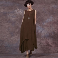 Casual Retro Women Loose Dress Solid Sleeveless O-Neck Pockets Boho Long Maxi Dress Vestidos Plus Size