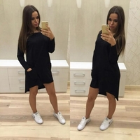 Casual Slash Neck Long Sleeves Asymmetric Hem Pockets Solid Color Dress for Women