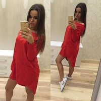 Casual Slash Neck Long Sleeves Asymmetric Hem Pockets Solid Color Dress for Women
