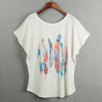 Casual Special Print O-Neck Short Batwing Sleeve Loose White T-shirt for Women