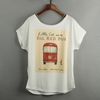 Casual Special Print O-Neck Short Batwing Sleeve Loose White T-shirt for Women