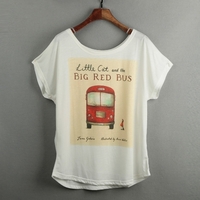 Casual Special Print O-Neck Short Batwing Sleeve Loose White T-shirt for Women