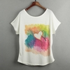 Casual Special Print O-Neck Short Batwing Sleeve Loose White T-shirt for Women