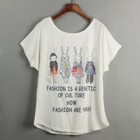Casual Special Print O-Neck Short Batwing Sleeve Loose White T-shirt for Women