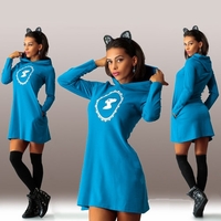 Casual Sport Women Sweatshirt Dress Print Long Sleeve Pockets Jumper Skater Shift Dress