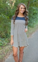 Casual Urban Women Round Neck Asymmetric Hem 3/4 Sleeve Stripe Dress