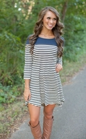 Casual Urban Women Round Neck Asymmetric Hem 3/4 Sleeve Stripe Dress