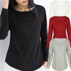 Casual Women Blouse Crochet Lace Splicing Long Sleeve Button Round Neck Hollow Solid T-Shirt Tops