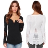 Casual Women Blouse Stitching Lace Mesh Splicing T-Shirt Long Sleeve Shirt Slim Leisure Top White