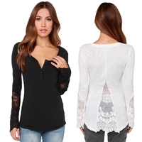 Casual Women Blouse Stitching Lace Mesh Splicing T-Shirt Long Sleeve Shirt Slim Leisure Top White