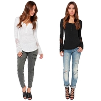 Casual Women Blouse Stitching Lace Mesh Splicing T-Shirt Long Sleeve Shirt Slim Leisure Top White