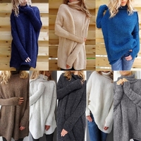 Casual Women Knitted Sweater Turtleneck Drop Shoulder Long Sleeves Loose Long Pullover Knitwear
