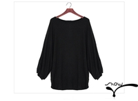 Casual Women Slouchy Knit Shirt Scoop Neck Batwing Sleeve Stretchy Loose Pullover Black