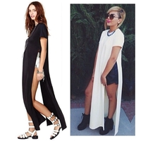 Celebrity Sexy Women Shirt Dress High Side Splits Maxi Long Dress Casual Tee T-shirt Dress Party Clubwear White