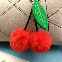 Cherry Key Chain Soft Faux Fur Ball Pompom Key Ring Handbag Purse Car Pendant Ornament Decor--Red
