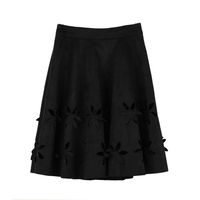 Chic Faux Suede Hollow Flower High Waist Pleated A-Line Women