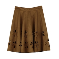 Chic Faux Suede Hollow Flower High Waist Pleated A-Line Women