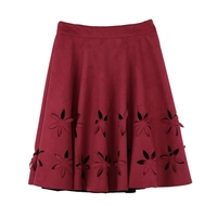 Chic Faux Suede Hollow Flower High Waist Pleated A-Line Women