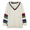 Chic Knitted Sweater with Contrast Stripe Slits V Neck High-low Hem