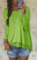 Chic Women Casual Round Neck Long Sleeve Crochet Lace Irregular Hem T-Shirt