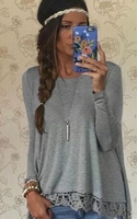 Chic Women Casual Round Neck Long Sleeve Crochet Lace Irregular Hem T-Shirt