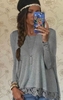 Chic Women Casual Round Neck Long Sleeve Crochet Lace Irregular Hem T-Shirt