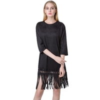 Chic Women Faux Suede Round Neck Zipper Back Tassel Hem Flapper Shift Dress