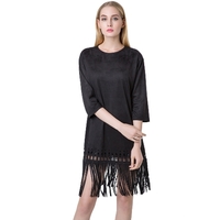 Chic Women Faux Suede Round Neck Zipper Back Tassel Hem Flapper Shift Dress