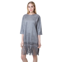 Chic Women Faux Suede Round Neck Zipper Back Tassel Hem Flapper Shift Dress
