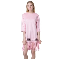 Chic Women Faux Suede Round Neck Zipper Back Tassel Hem Flapper Shift Dress
