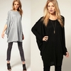 Chic Women Over Size T-Shirt Batwing Long Sleeve Knit Loose Tops Shirt Black/Grey