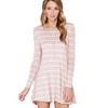 Chic Women Striped Contrast Round Neck V Backless Long Sleeve Skater Dress White/Pink