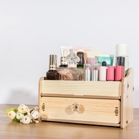 DIY Wooden Desktop Makeup Storage Box Organizer Mobile Phone Office Supplies Holder Container with Drawer--Light Wood
