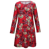 Fashion Chirstmas Women Reindeer Print Color Block Long Sleeve Cute One-piece Mini Dress