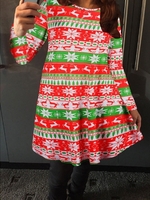 Fashion Christmas Women Contrast Color Pattern Print Long Sleeve Casual Festival Party T-shirt Dress