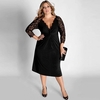 Fashion Deep V Neck Lace Sleeve Pleated Slim Plus Size Party Evening Little Black Dress