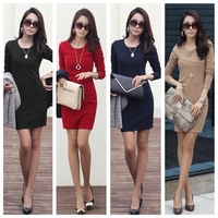 Fashion Elegant Women Sexy Mini Dress Long Sleeve Slim OL Pencil Dress Dark Blue