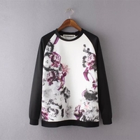 Fashion Floral Print Contrast Splice Long Sleeve Casual White Sweatshirt for Women