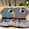 Fashion Kids Girl Dress Striped Ruffle Lace Bowknot Mesh Floral Round Neck Long Sleeve Princess Dresses Dark Blue/Coffee