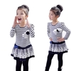 Fashion Kids Girl Dress Striped Ruffle Lace Bowknot Mesh Floral Round Neck Long Sleeve Princess Dresses Dark Blue/Coffee