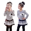 Fashion Kids Girl Dress Striped Ruffle Lace Bowknot Mesh Floral Round Neck Long Sleeve Princess Dresses Dark Blue/Coffee