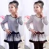 Fashion Kids Girl Dress Striped Ruffle Lace Bowknot Mesh Floral Round Neck Long Sleeve Princess Dresses Dark Blue/Coffee