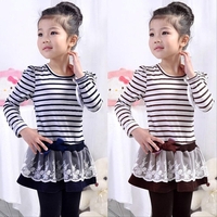 Fashion Kids Girl Dress Striped Ruffle Lace Bowknot Mesh Floral Round Neck Long Sleeve Princess Dresses Dark Blue/Coffee