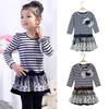 Fashion Kids Girl Dress Striped Ruffle Lace Bowknot Mesh Floral Round Neck Long Sleeve Princess Dresses Dark Blue/Coffee